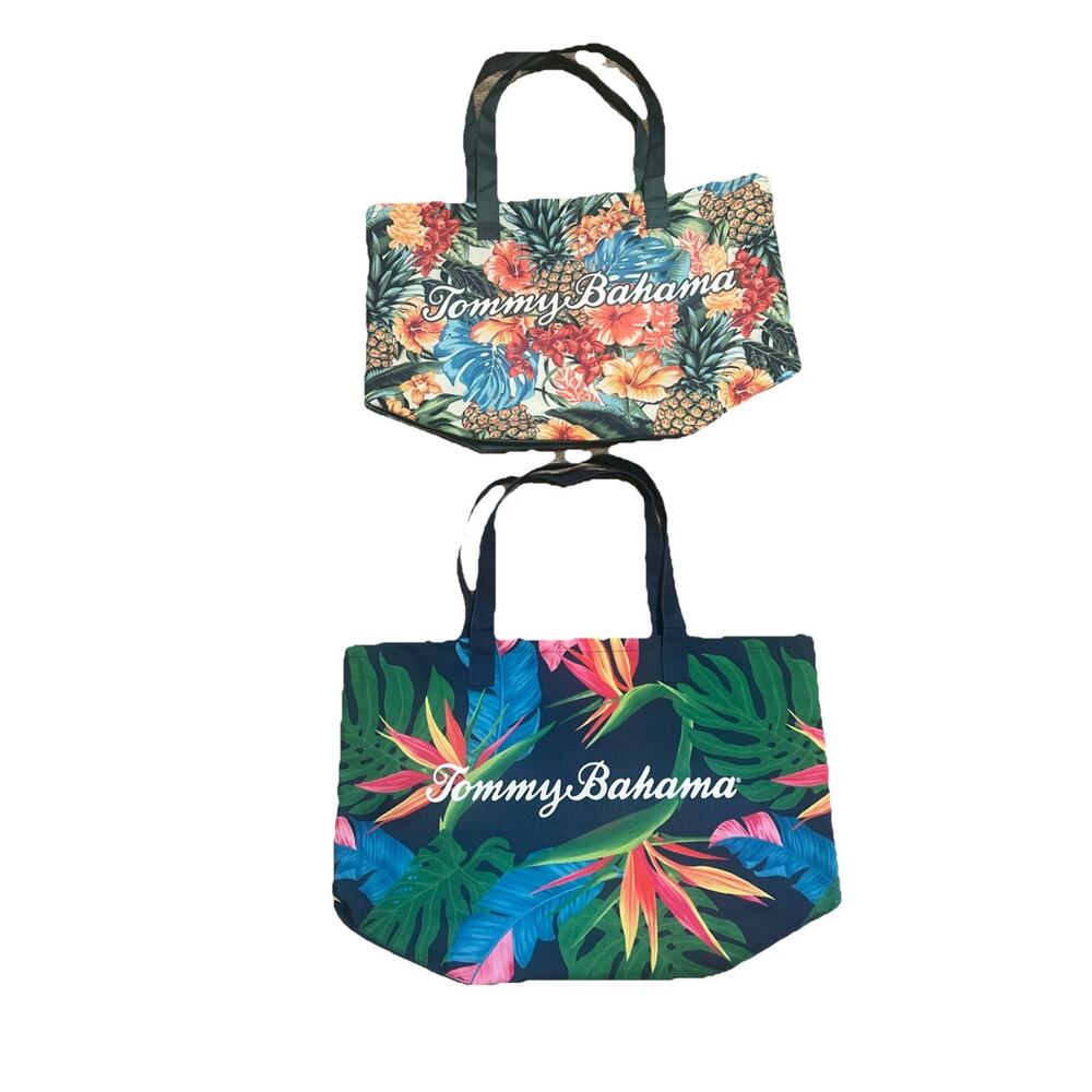 2 Tommy Bahama Tote Bags Tropical Floral Print Beach Travel Carryall MINT